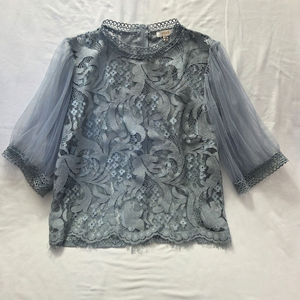 Peach Blue Lace Puff Sleeve Blouse Extra Large XL